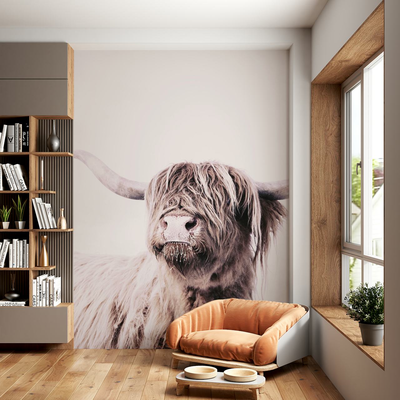 Highland cow with long hair in pale background wallpaper