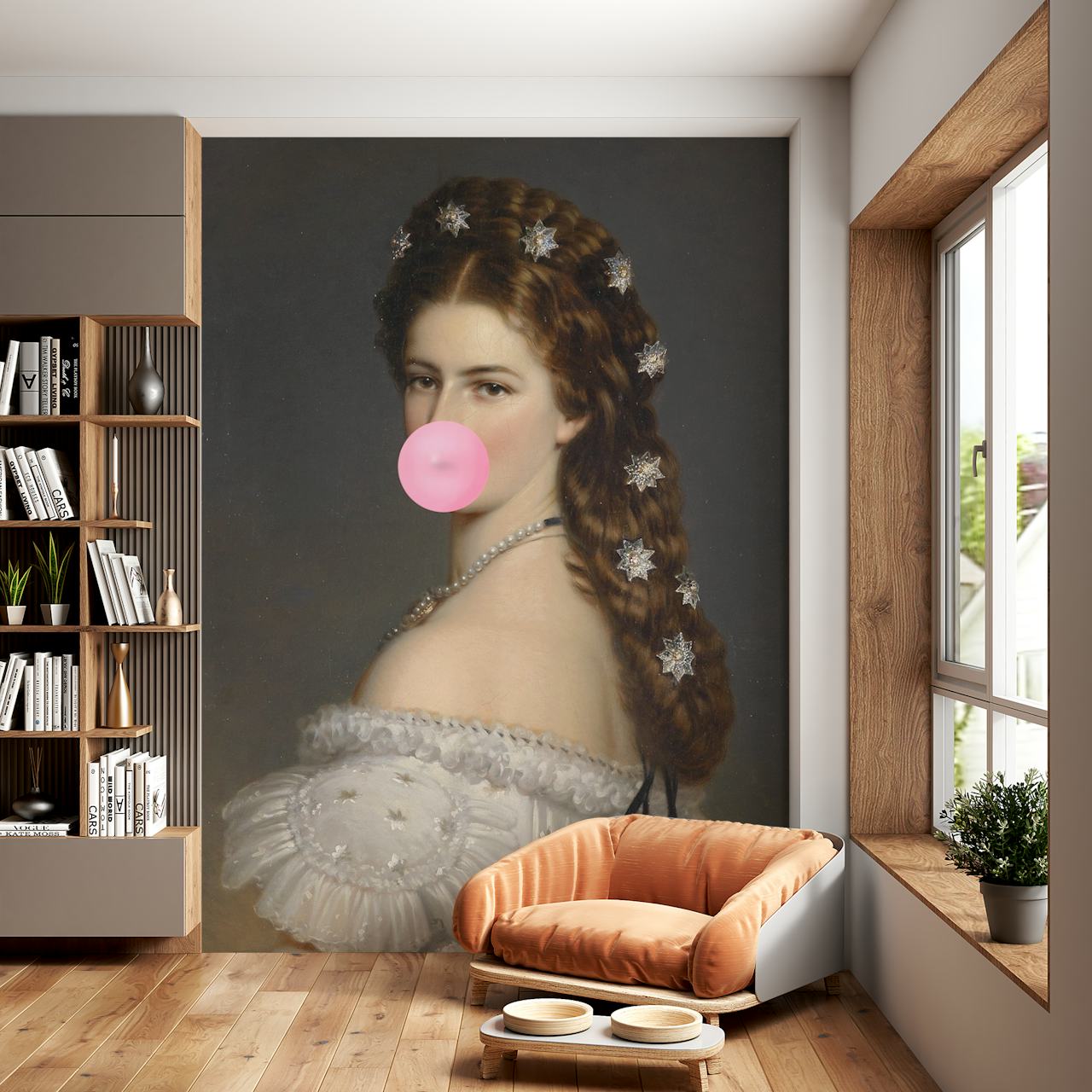 Carta da parati raffigurante l'imperatrice Sisi che fa una bolla di gomma da masticare, il classico incontra il design eccentrico