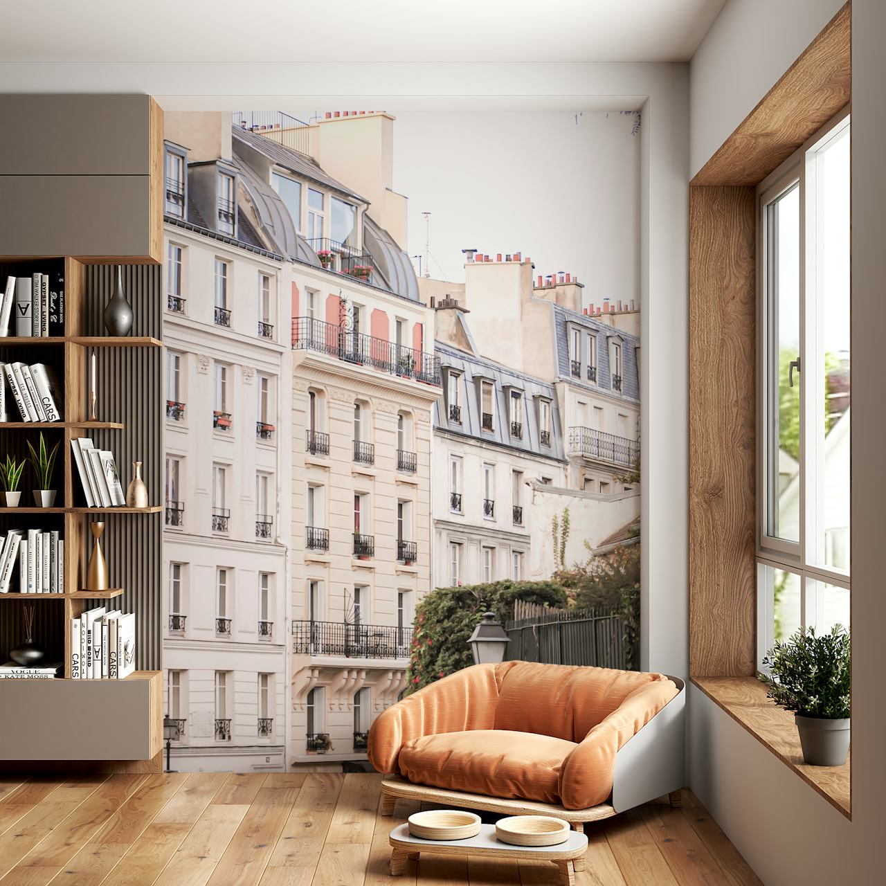 Wandbild „Pariser Gebäude Montmartre“ mit klassischer Pariser Architektur und Straßenansichten.