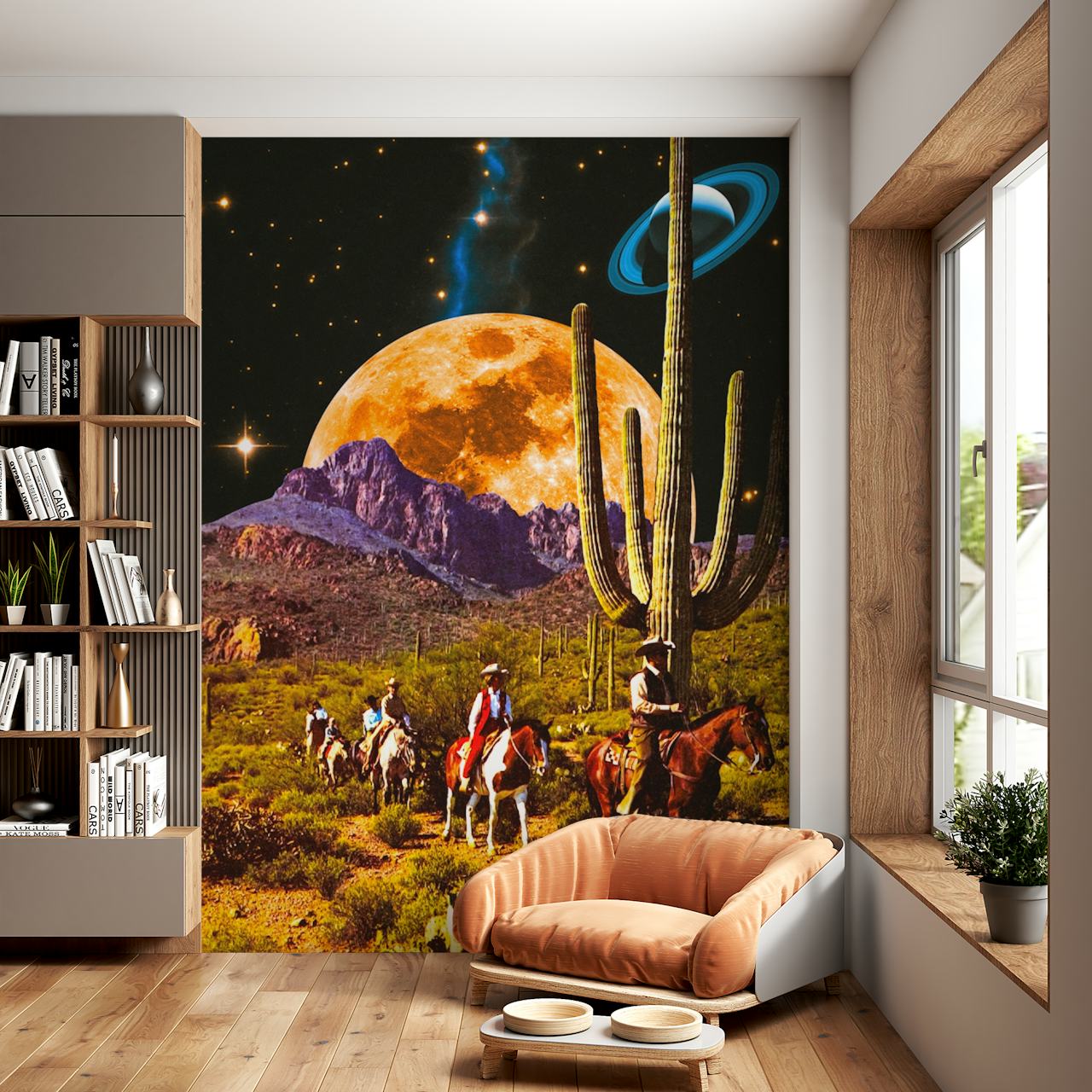 Fototapeta Space Cowboys s koňmi, kaktusem a prstencovým měsícem