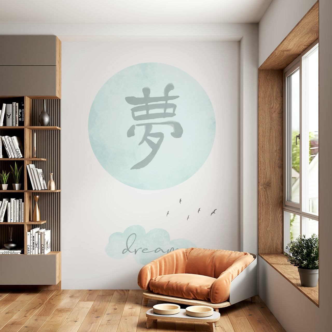 Turquoise Dream Japandi Style behang in een kamer