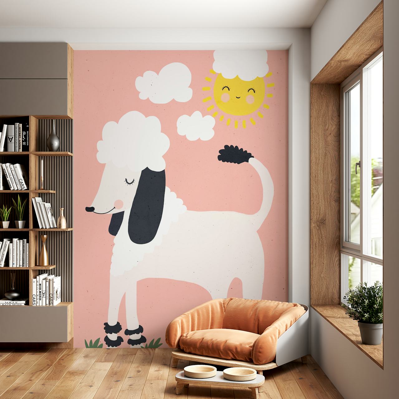 Adorable white poodle with cloud-like fur, pink background wallpaper