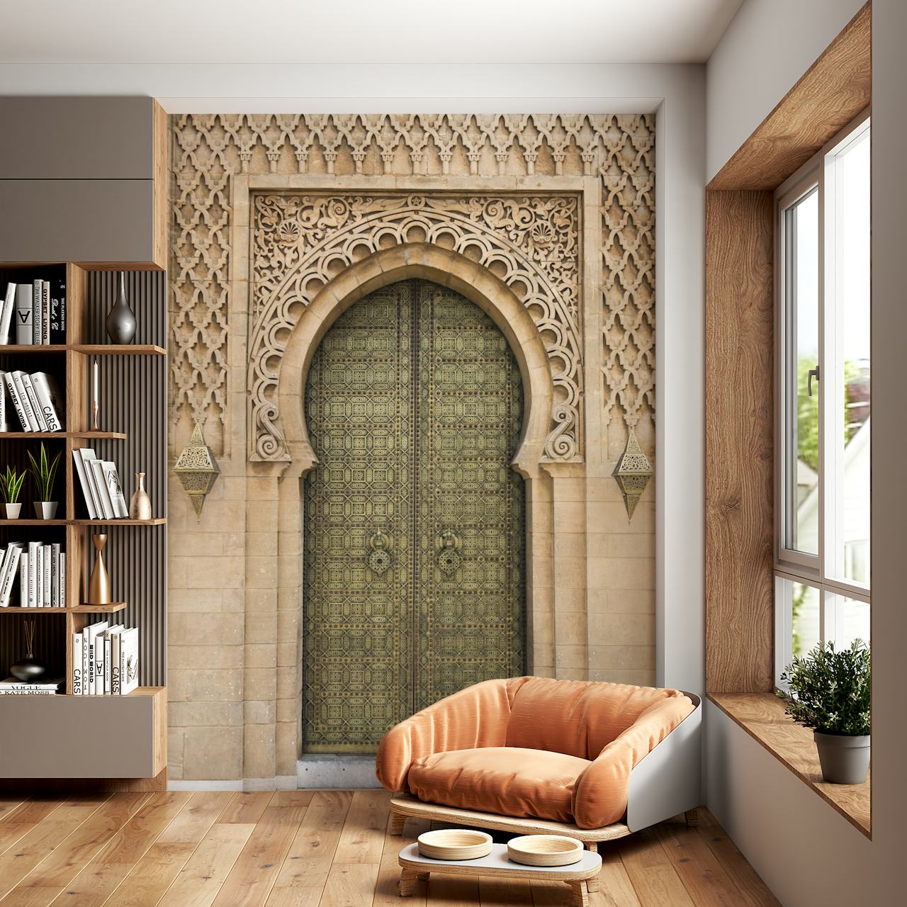 Intricate Moroccan door design with ornate patterns and golden hues wallpaper