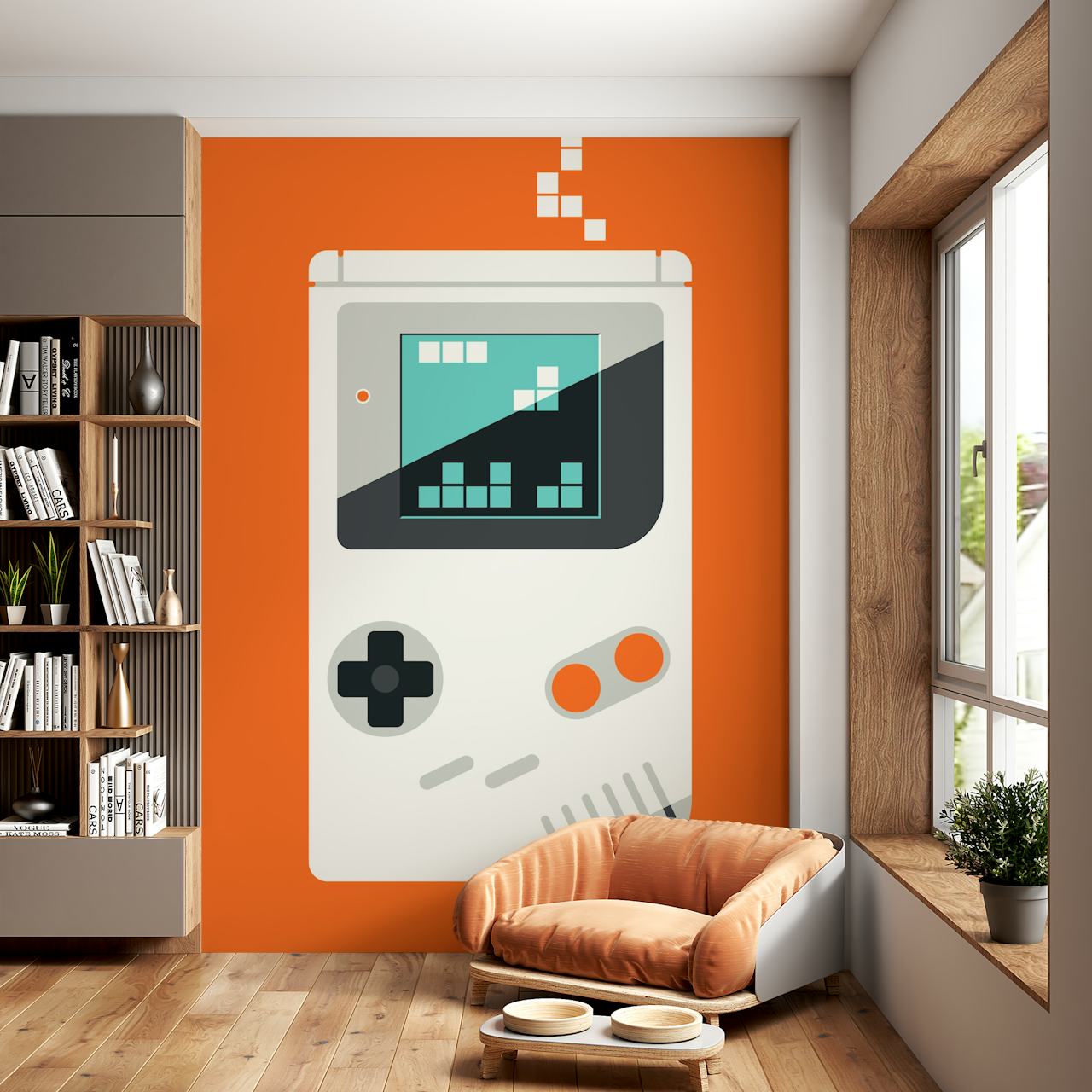 Retro game console illustration on bright orange wallpaper
