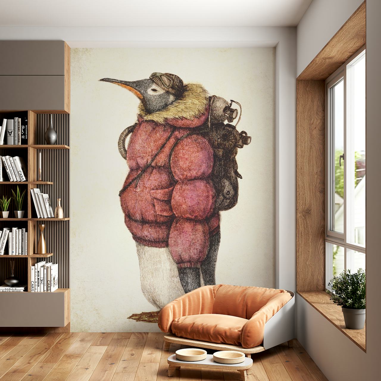 Whimsical penguin wallpaper in a room