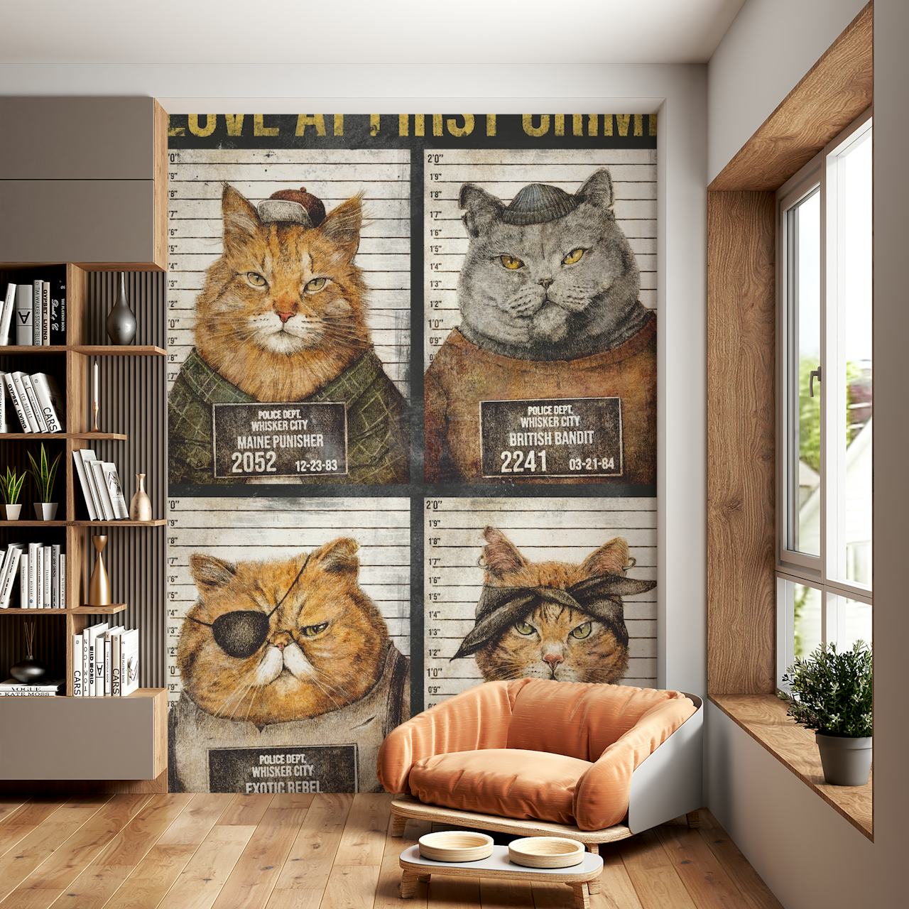 Funny cat mugshots featuring four cats with police ID tags. Animal print wallpaper in earthy tones.
