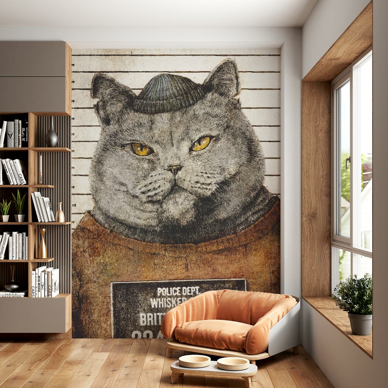 Whimsical cat wallpaper in a room