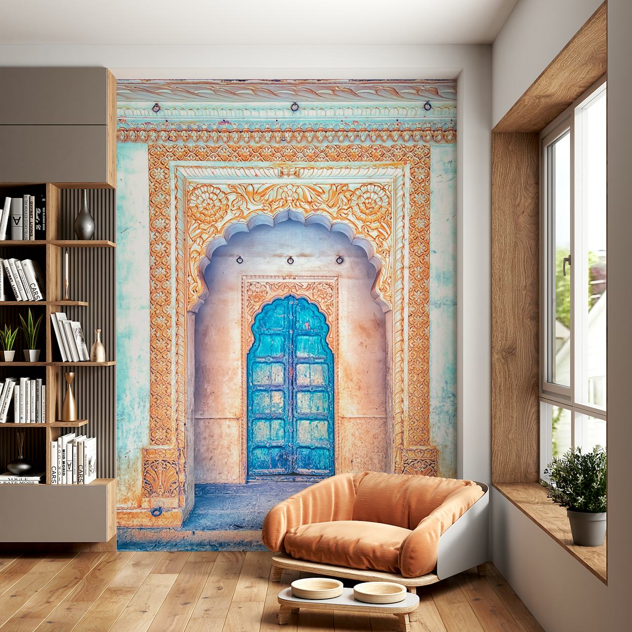 Ornate blue door with intricate architecture wallpaper