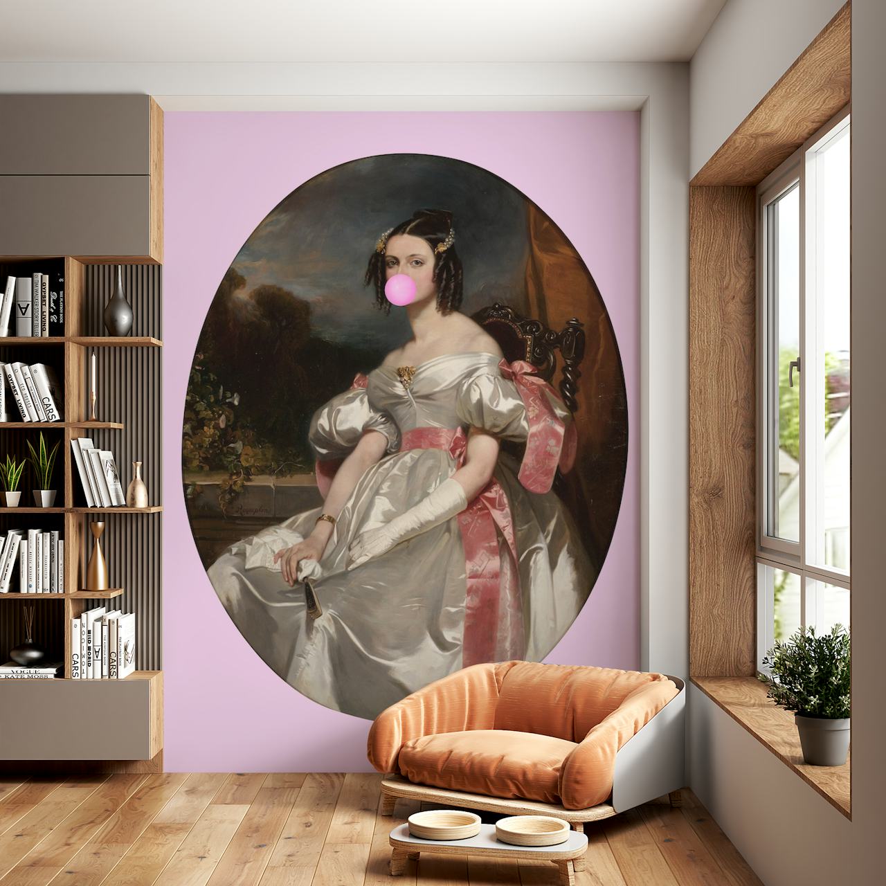 Povijesni portret s modernim zaokretom koji prikazuje Pink Bubble-Gum Lady V