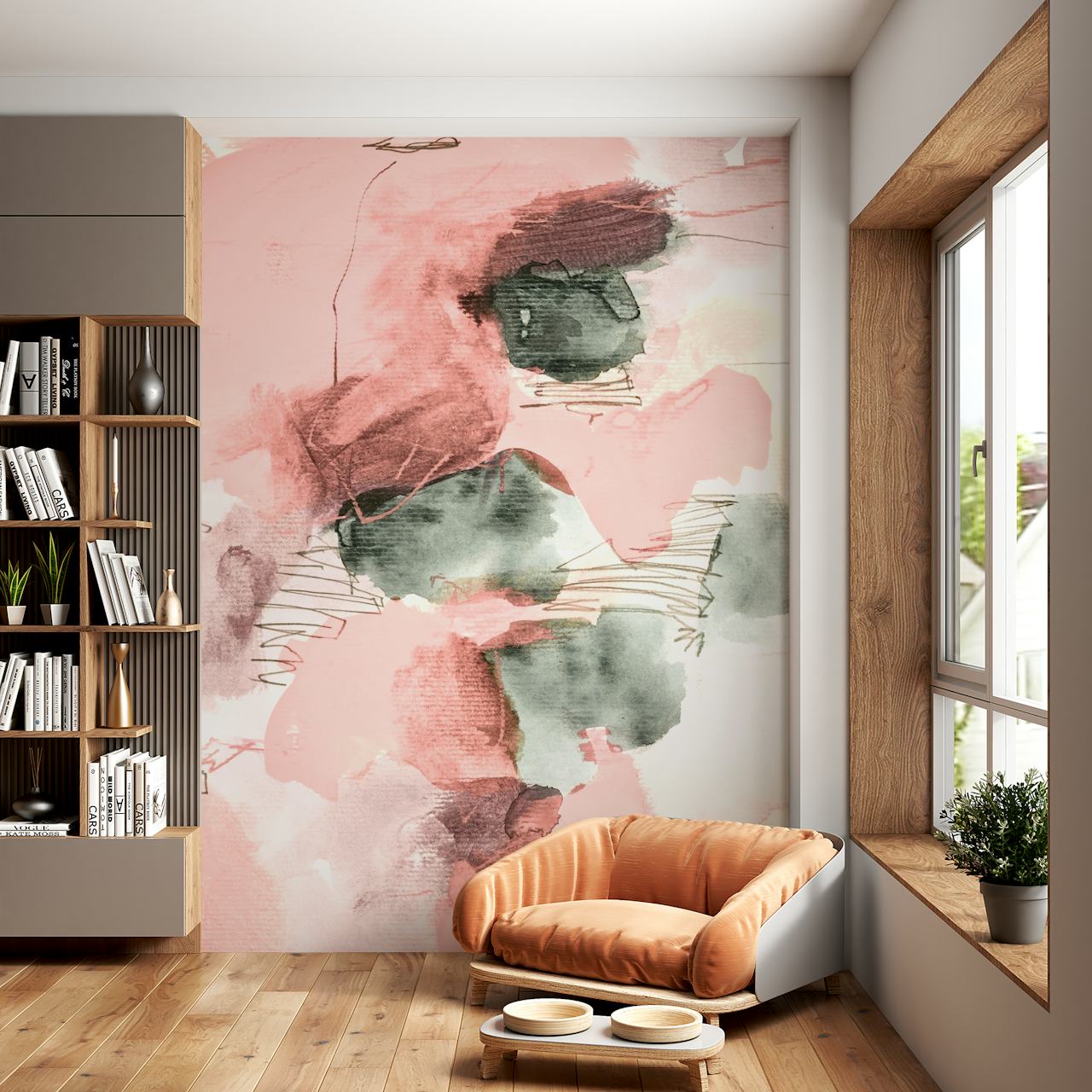 Abstract watercolor design featuring pink and green hues wallpaper