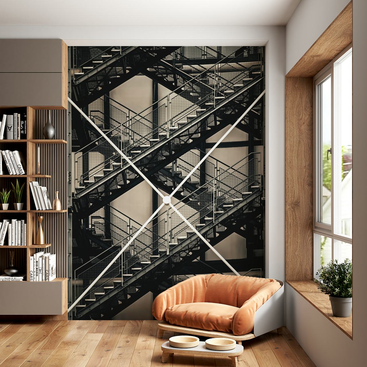 Into The City wall mural with black and white scaffolding design