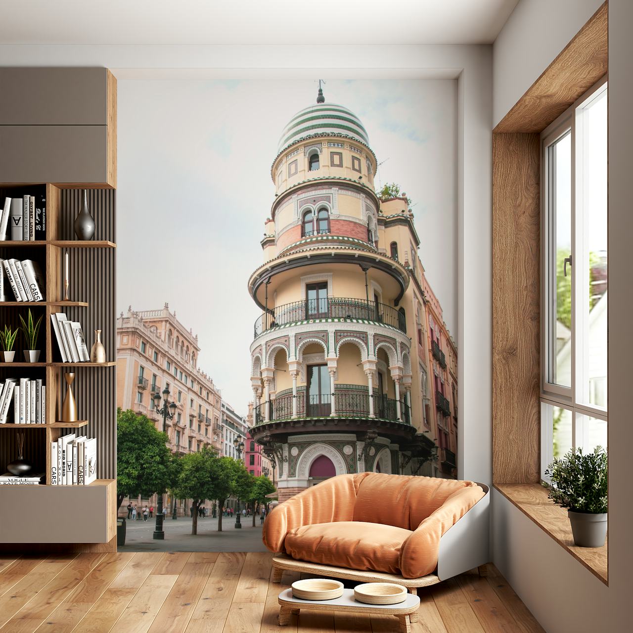 Architectural wallpaper with La Adriatica building in pastel colors