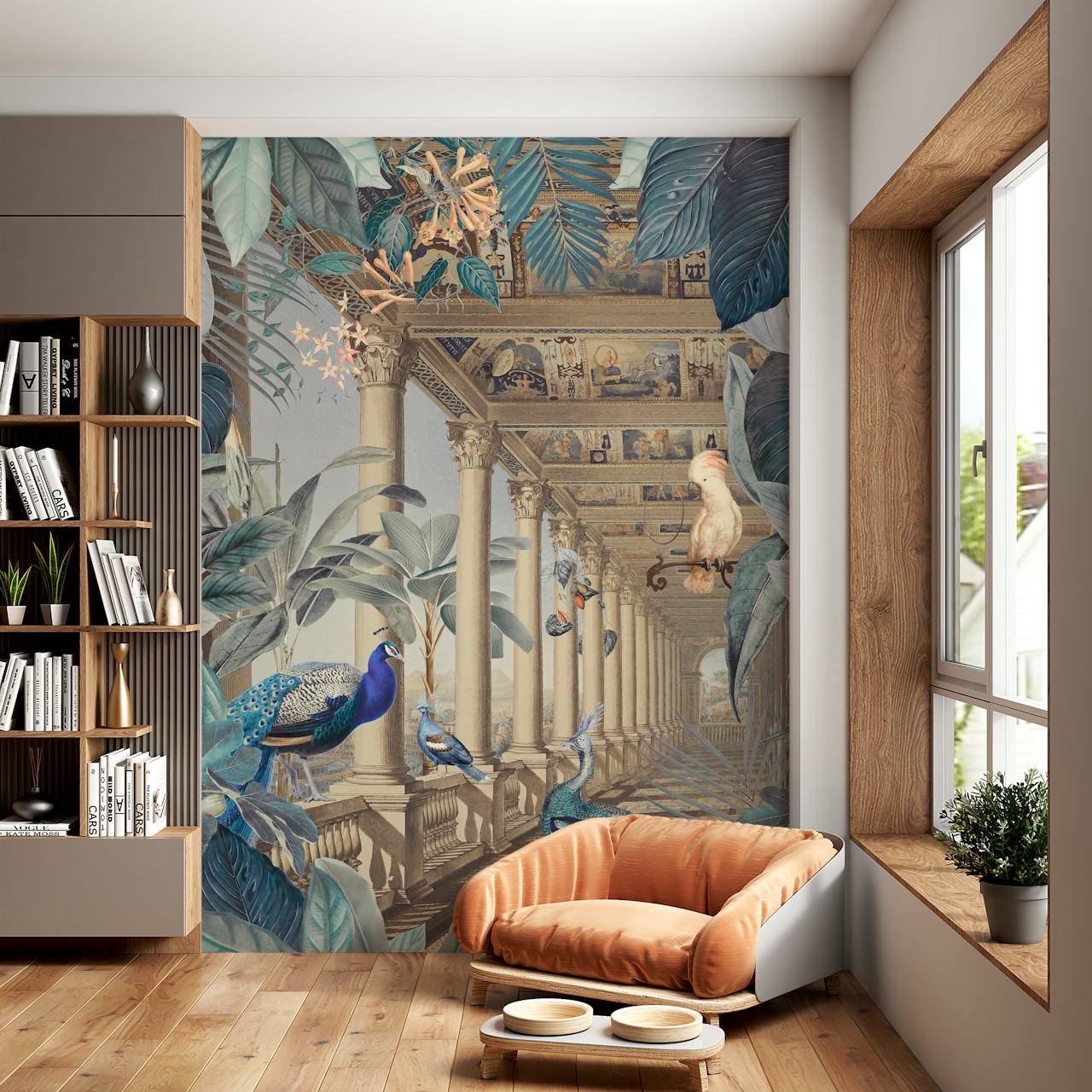 Paons colorés dans un feuillage vert avec colonnes anciennes wallpaper