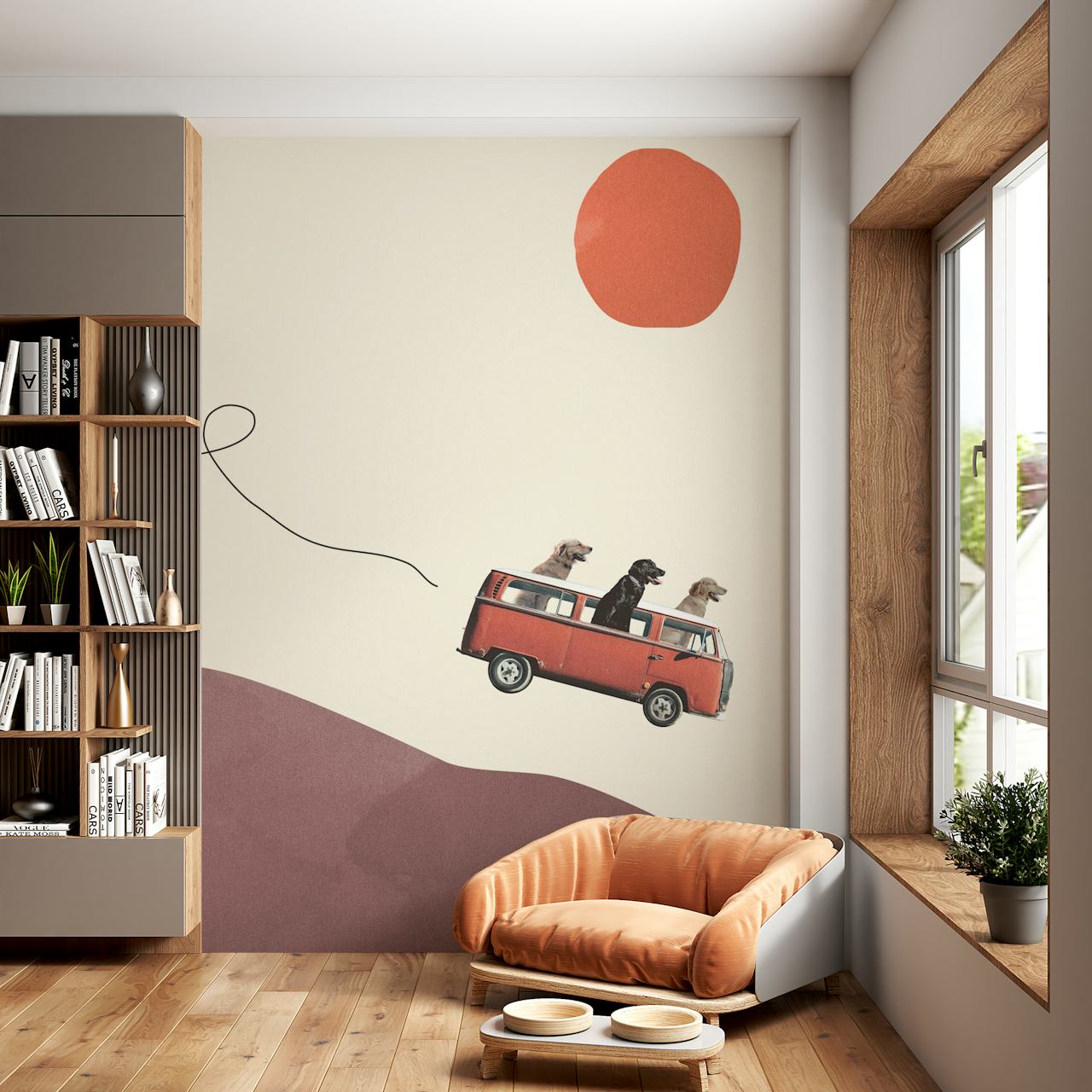 Three dogs in a red van against a pastel background wall mural