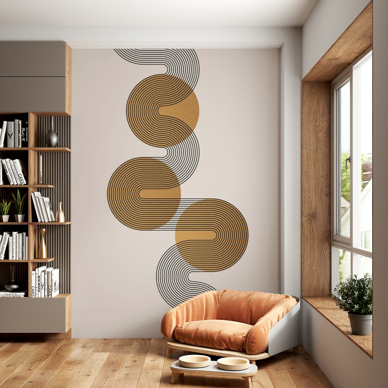 Mural de estilo Art Déco con ondas lineales intercaladas con círculos dorados