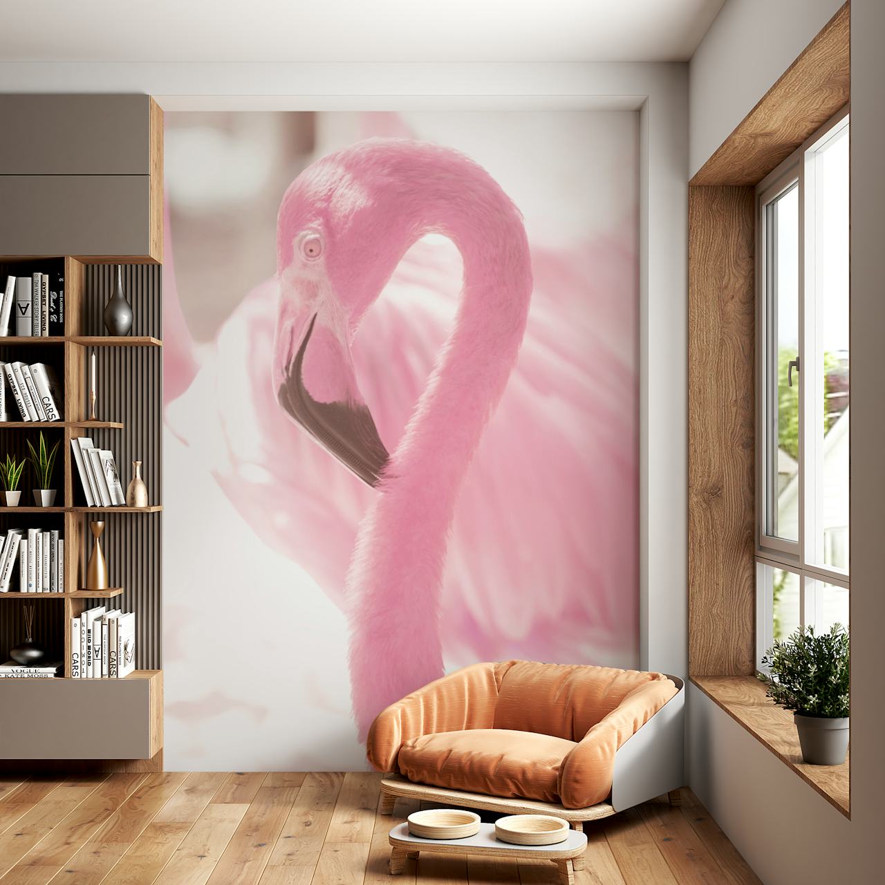 Pink flamingo with soft pink tones, floral style wallpaper