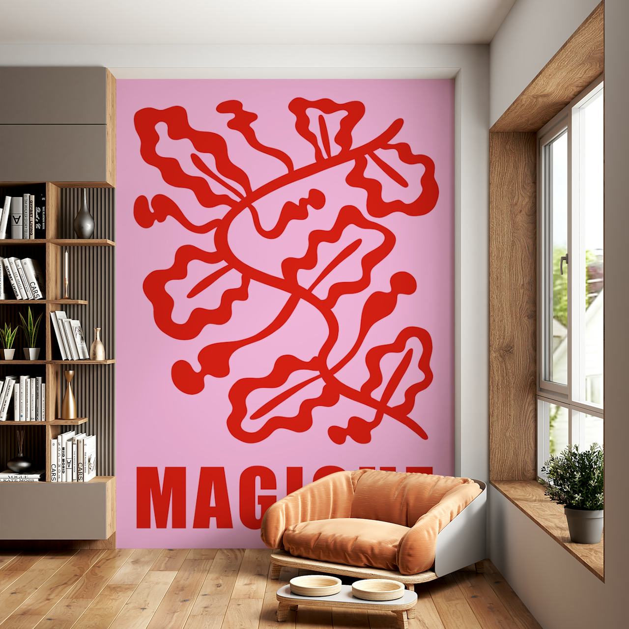 Red floral patterns on a pink background wallpaper