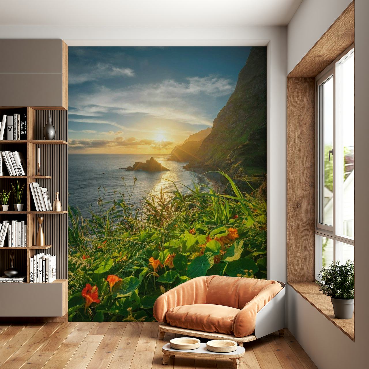 Sunrise over a calm ocean with vibrant tropical flowers and lush greenery on a coastal cliff wall mural