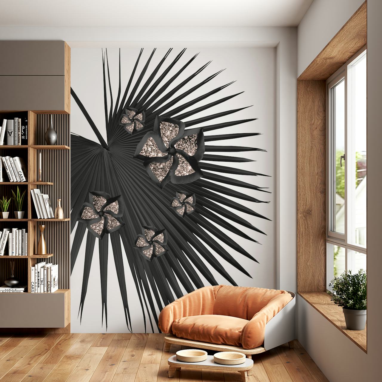 Fan Palm Floral Glitter Glam 1 fototapet med sorte palmeblade og glitrende sommerfugle