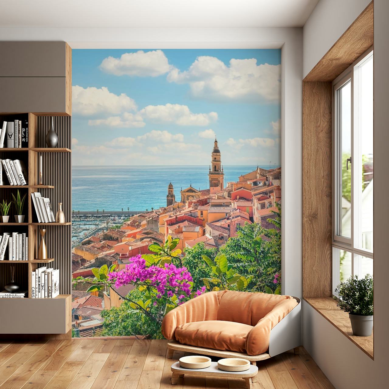 Mediterranean coastal scene with bougainvillea flowers and blue sea wallpaper