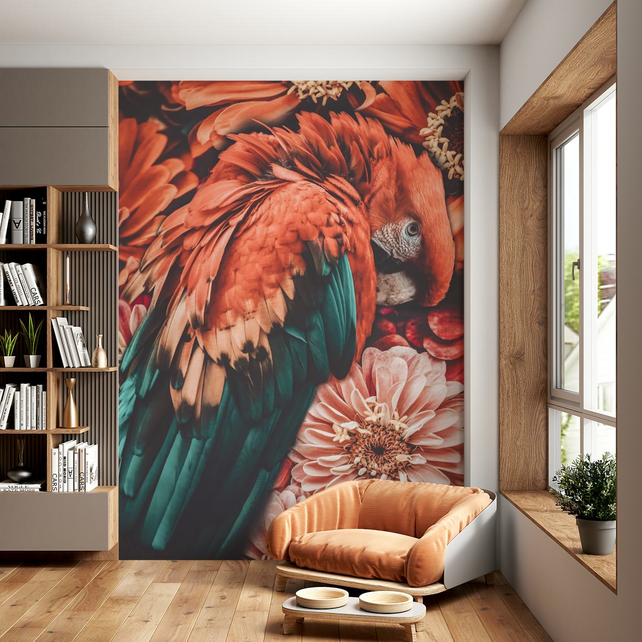 Tropical bird with orange and teal feathers atop pink flowers wallpaper