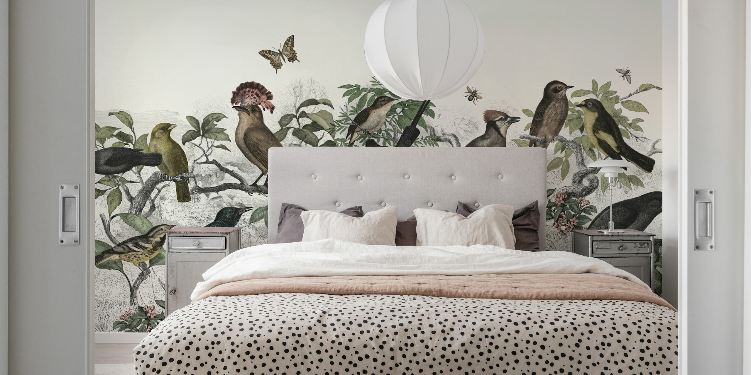 Colorful birds perched on branches surrounded by leaves wallpaper