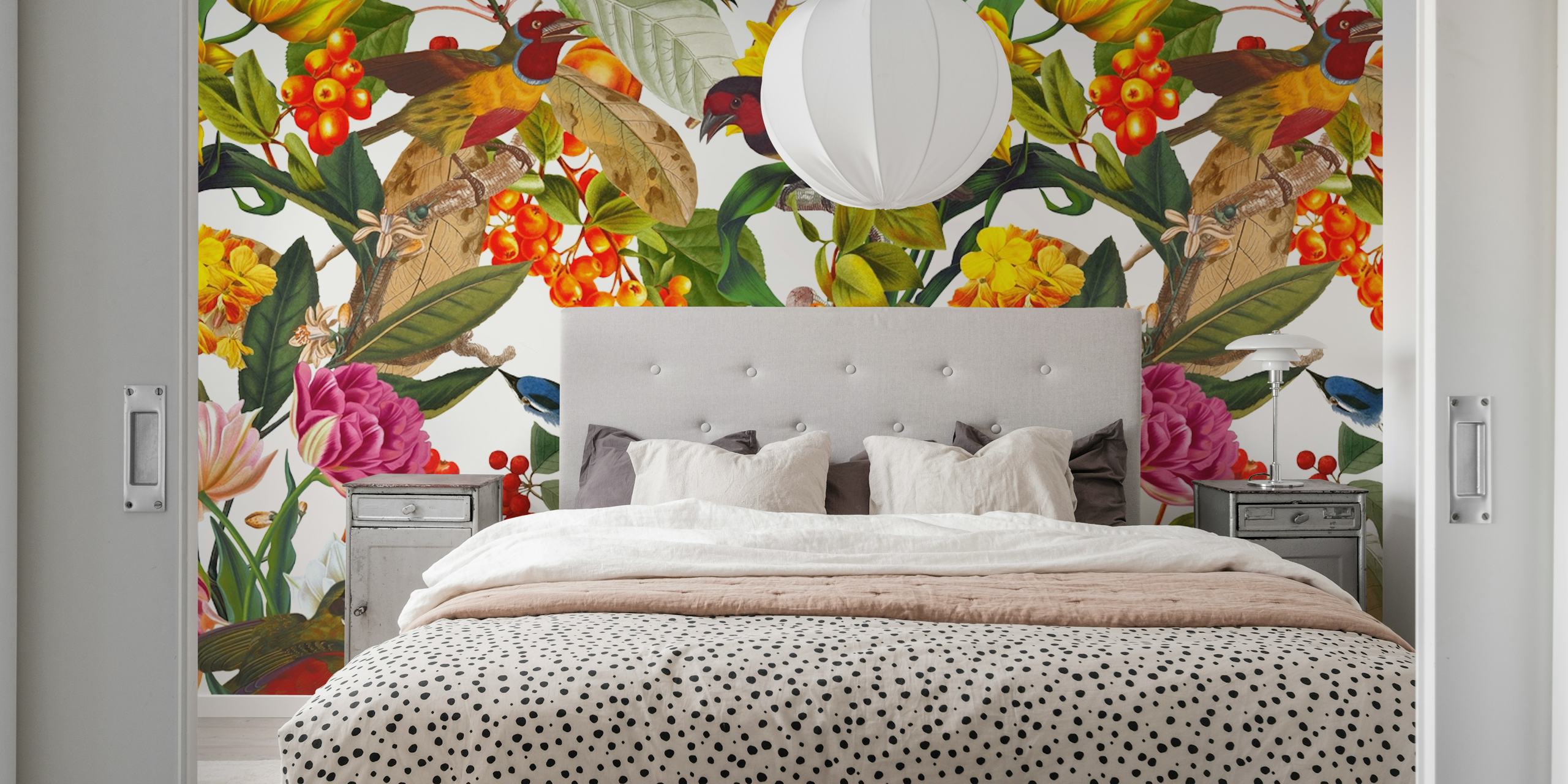 Colorful flowers and birds in a floral pattern wallpaper