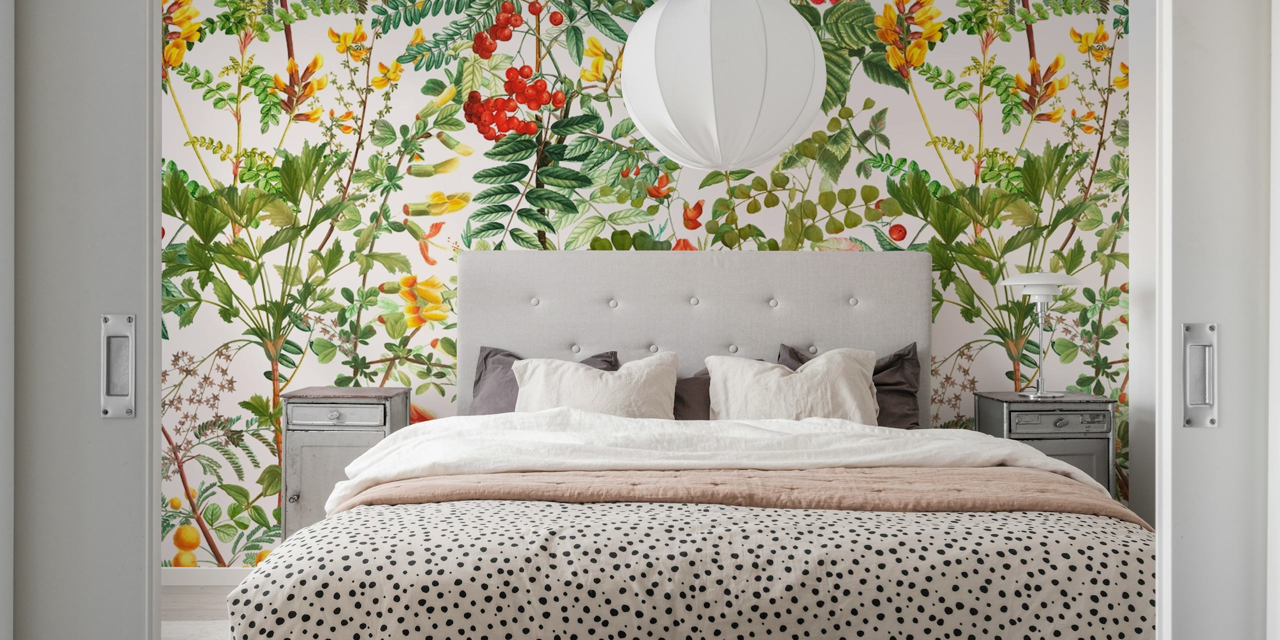 Lush summer meadow-inspired wall mural with a variety of flowers and greenery