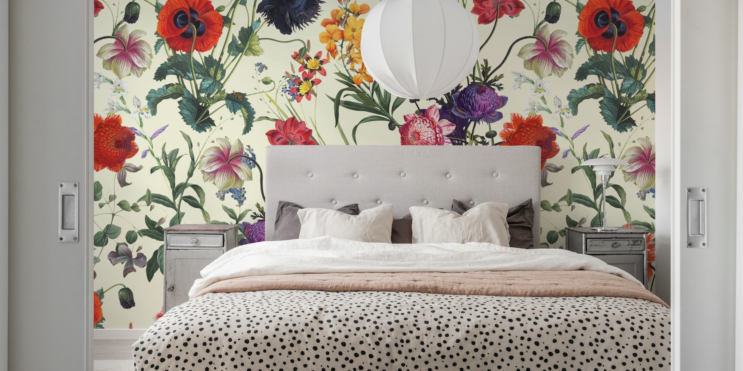 Colorful floral pattern with various flowers including red, purple, and yellow on light background wallpaper