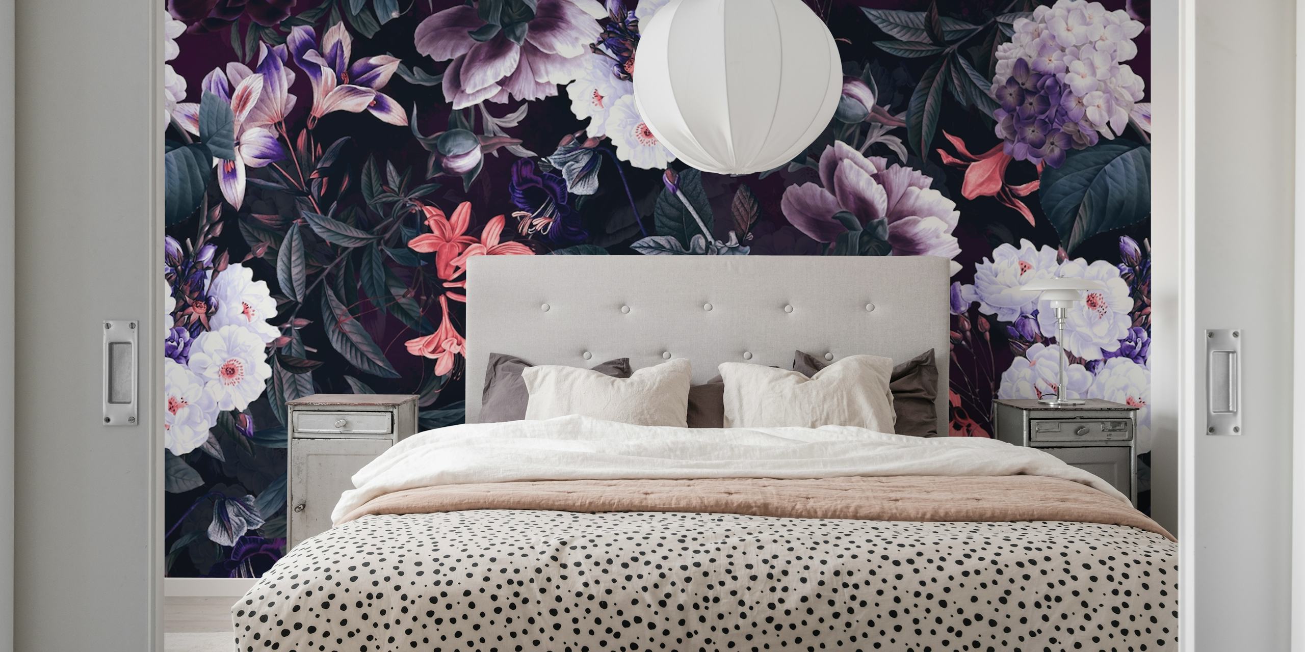Colorful floral patterns with vibrant blooms on dark background wallpaper