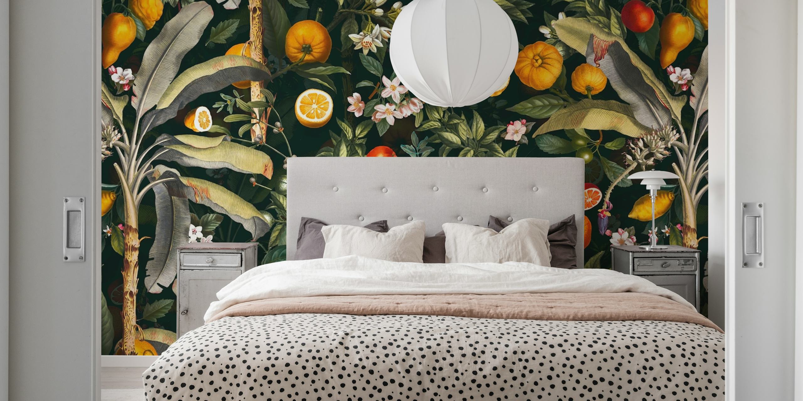 Vintage fruit pattern with oranges, lemons, and floral elements wallpaper