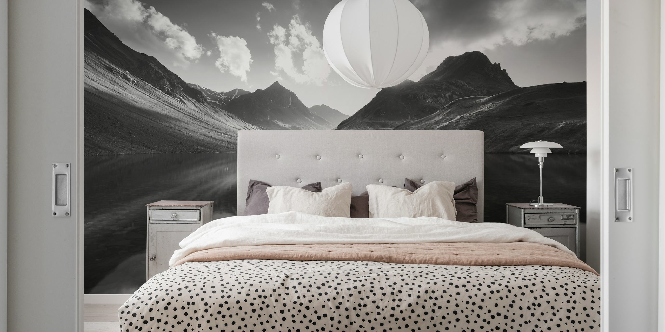 Black and white mountain landscape with reflections wallpaper