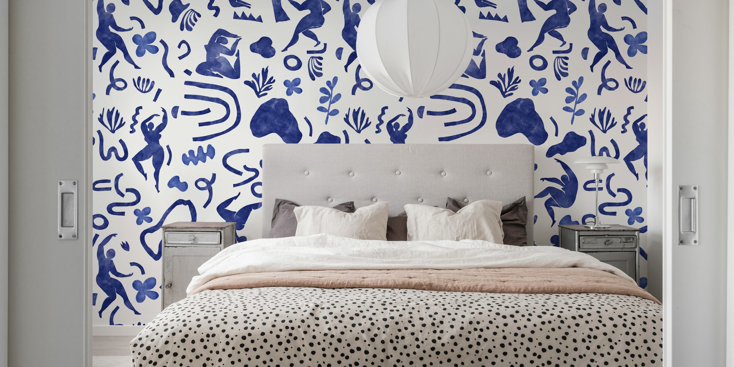 Abstract women and nature pattern wall mural in indigo blue