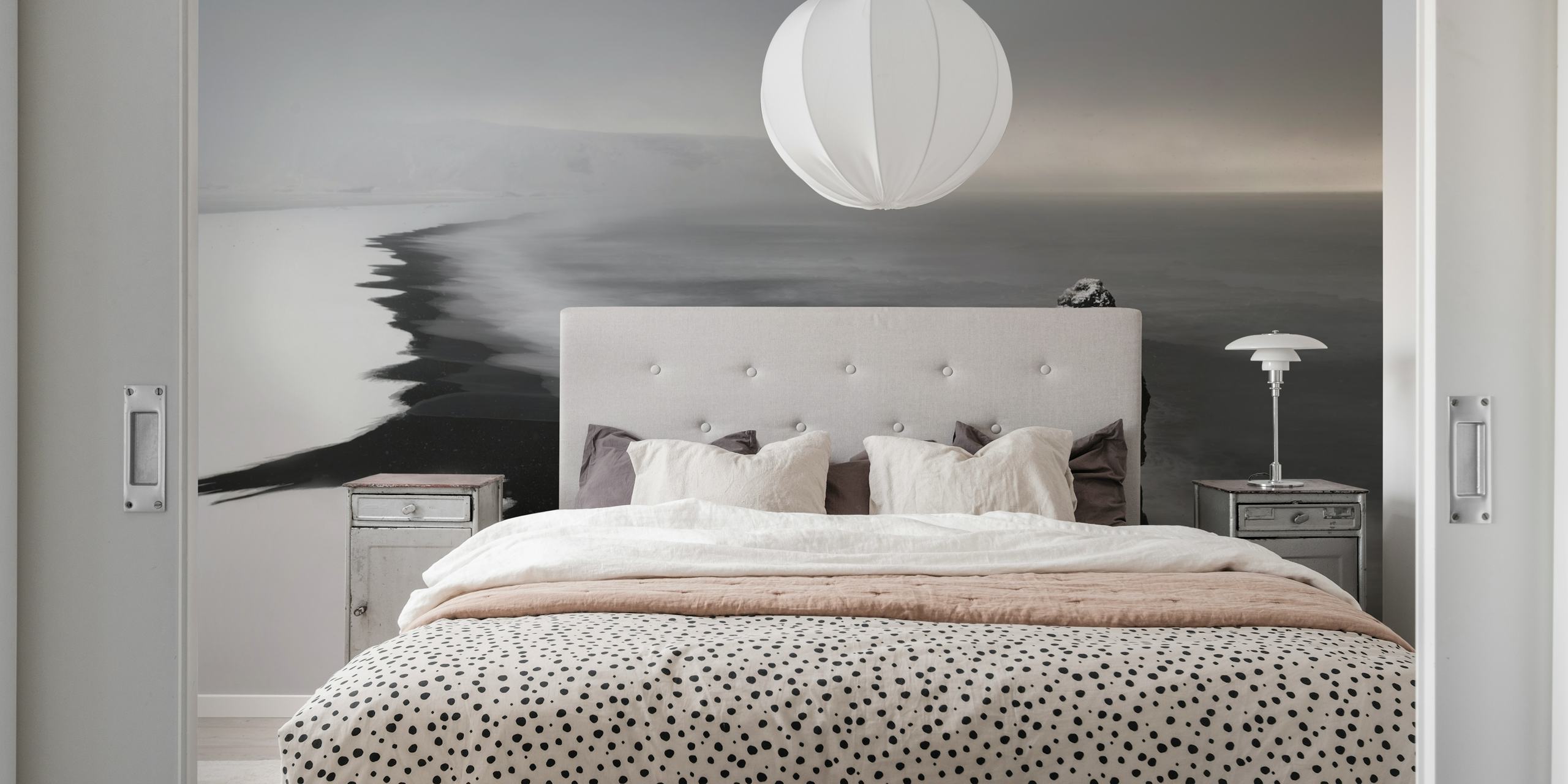 Black and white coastal landscape wallpaper with rocky shore