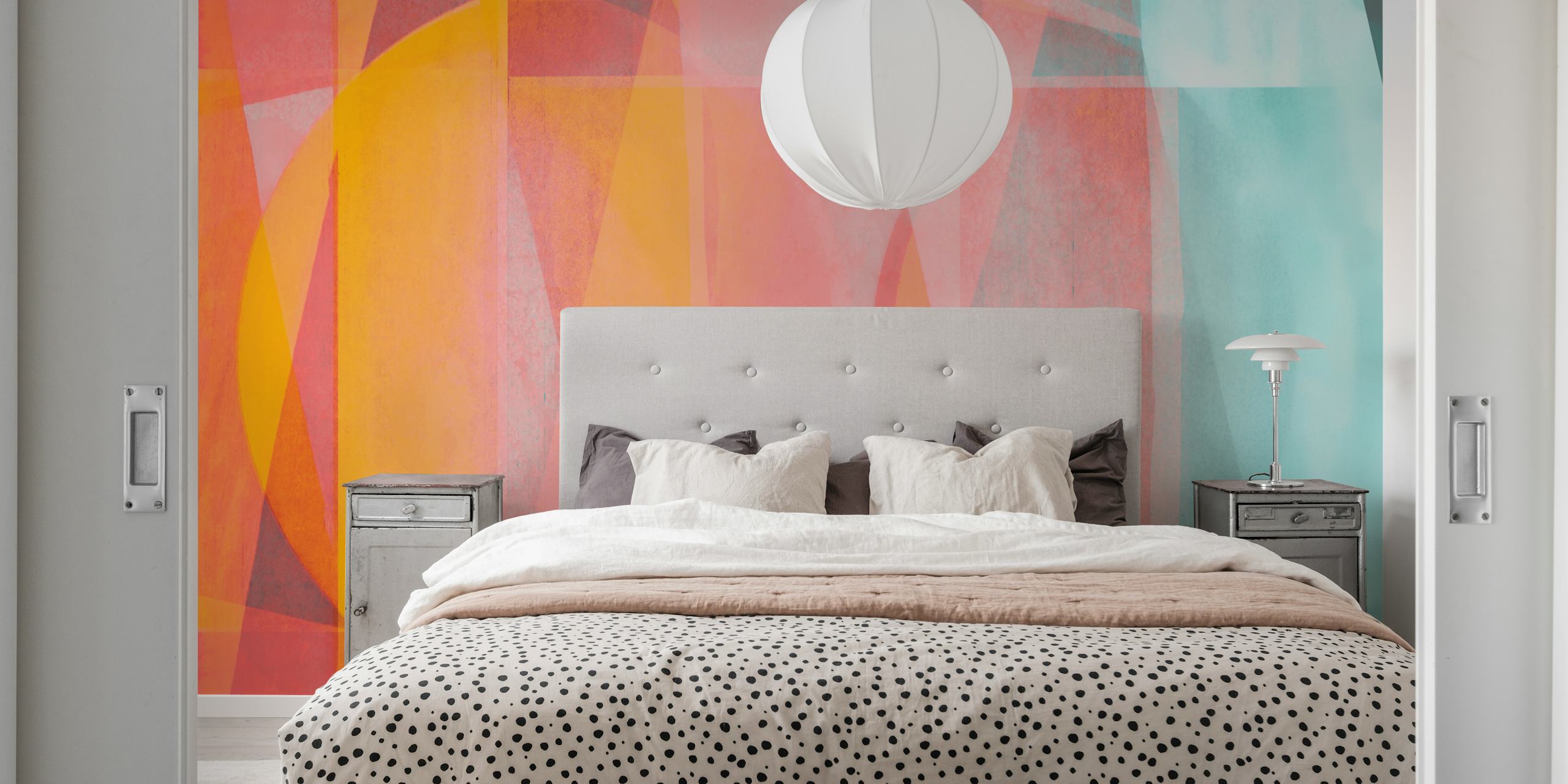 Colorful geometric abstract patterns in shades of orange, pink, and teal wallpaper