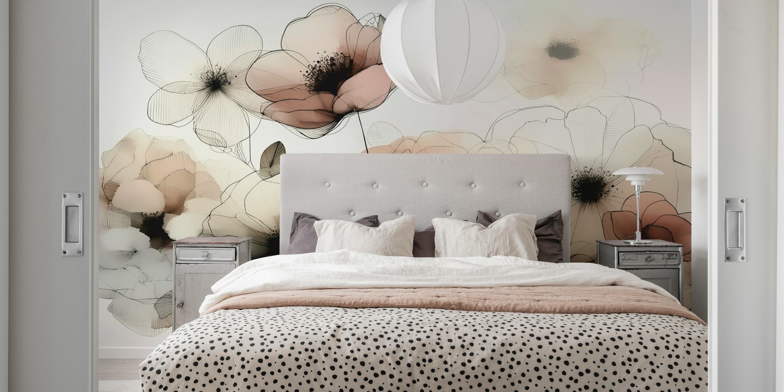 Delicate line-drawn pastel floral wallpaper