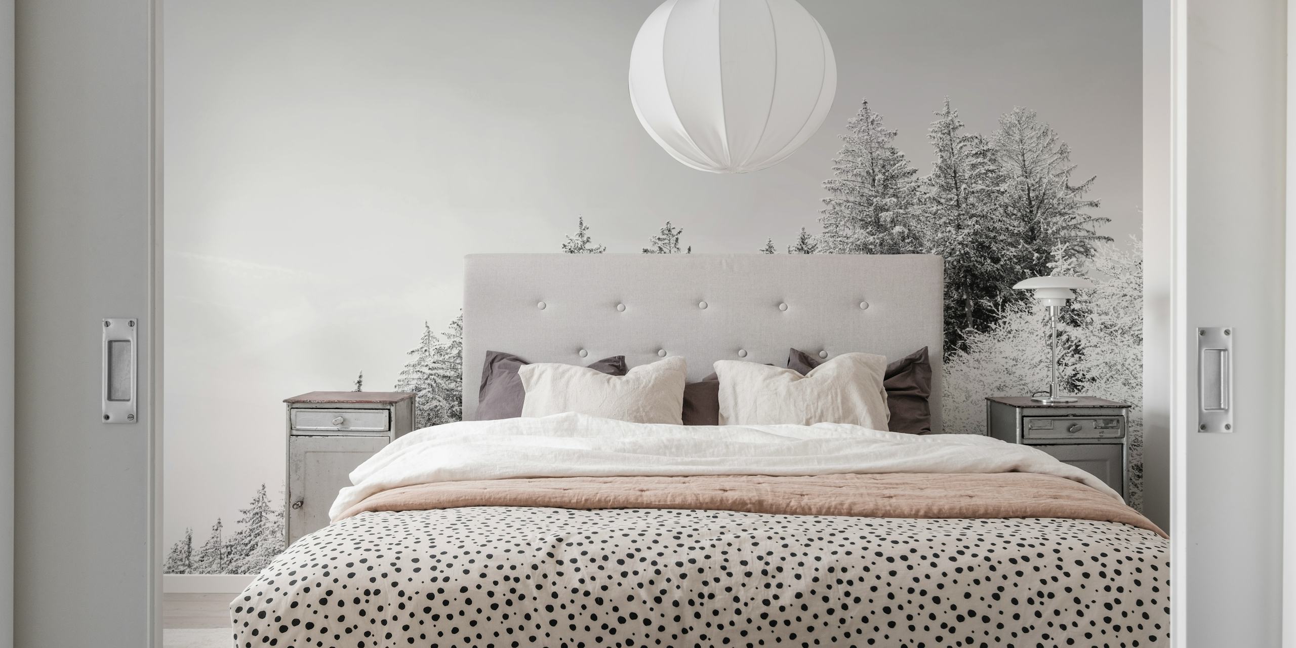 Snow-covered evergreen trees on a gray background wallpaper