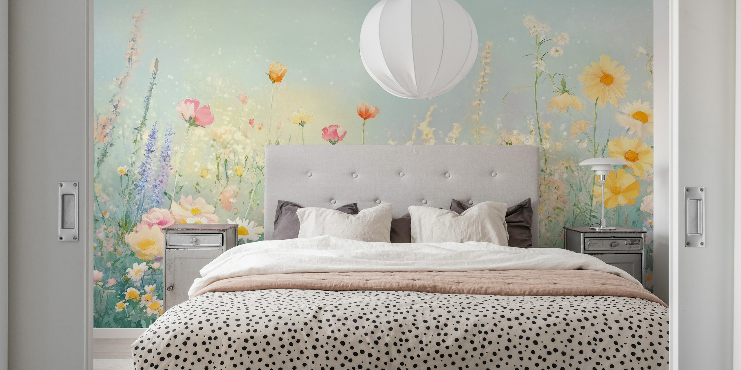 Colorful flowers in a blooming meadow; watercolor wallpaper