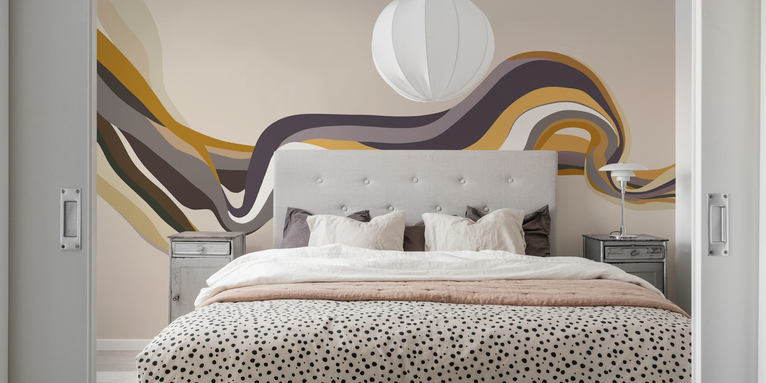 Warm organic flow wallpaper design displayed in a room
