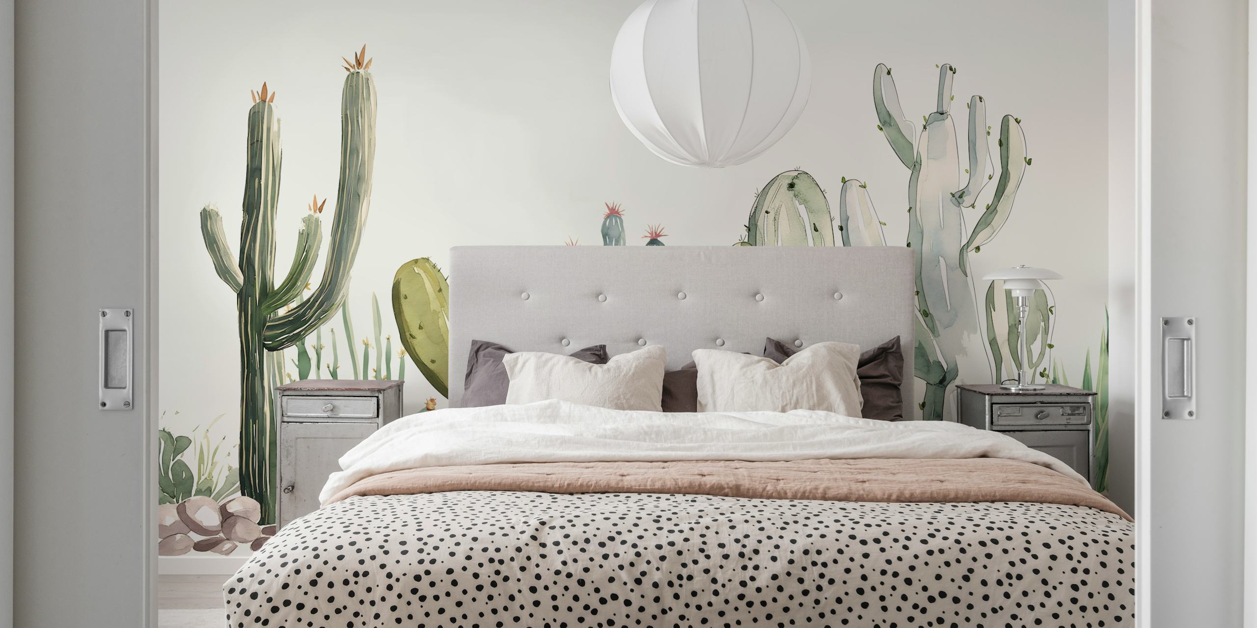 Cacti and succulents in green and beige colors botanical wallpaper