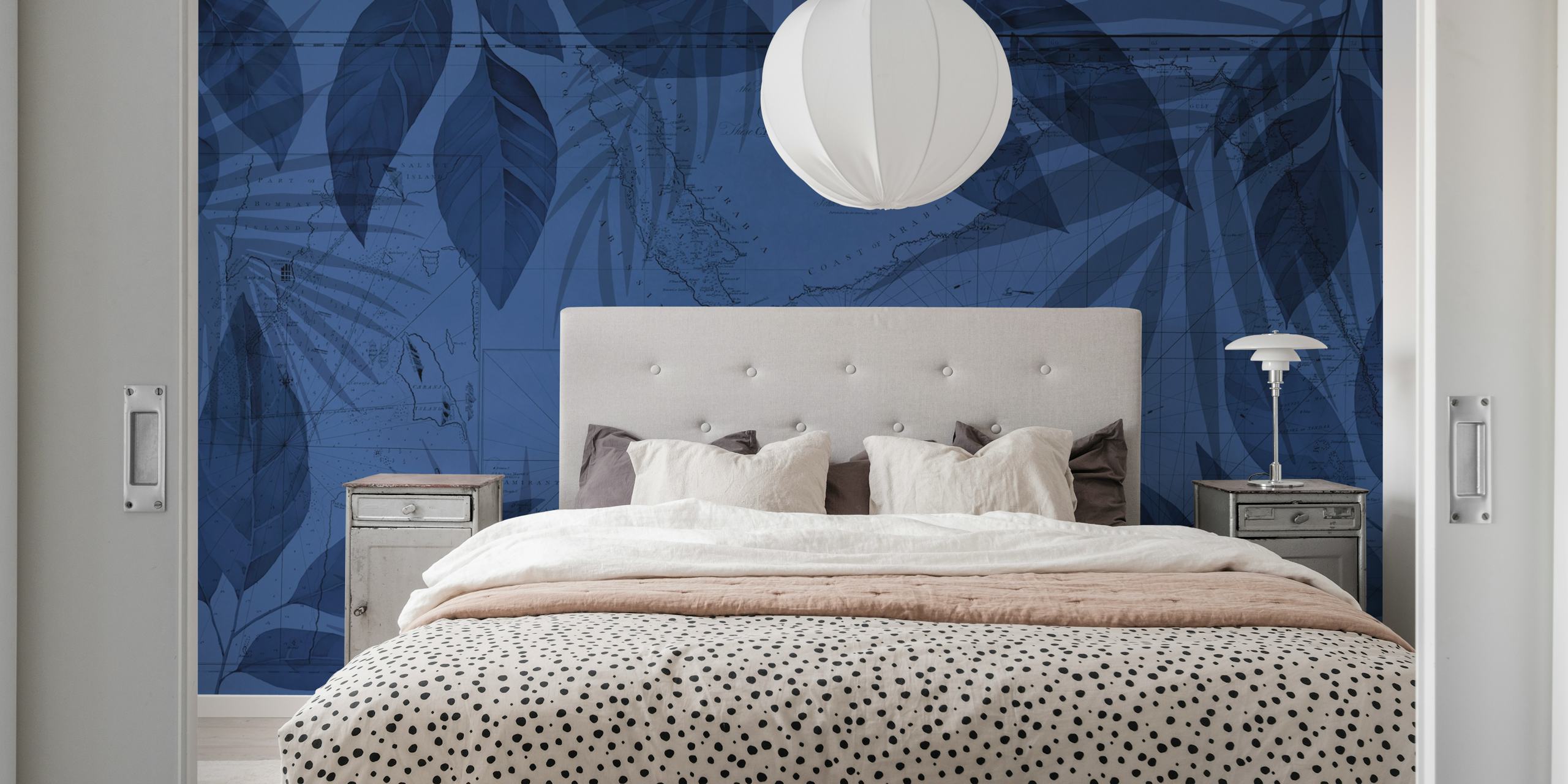 Botanical leaf pattern in navy blue tones wallpaper