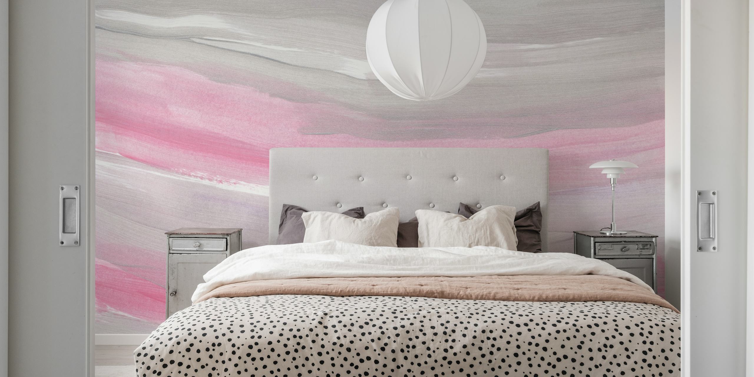 Blush and Gray Brushstroke Waves wallpaper in room