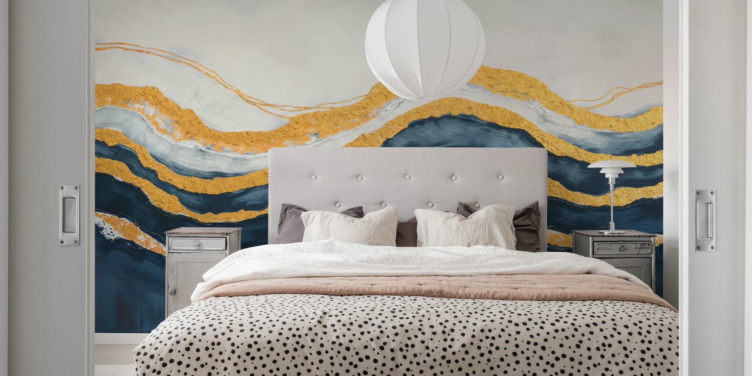Wavy navy and gold abstract wallpaper with textured patterns