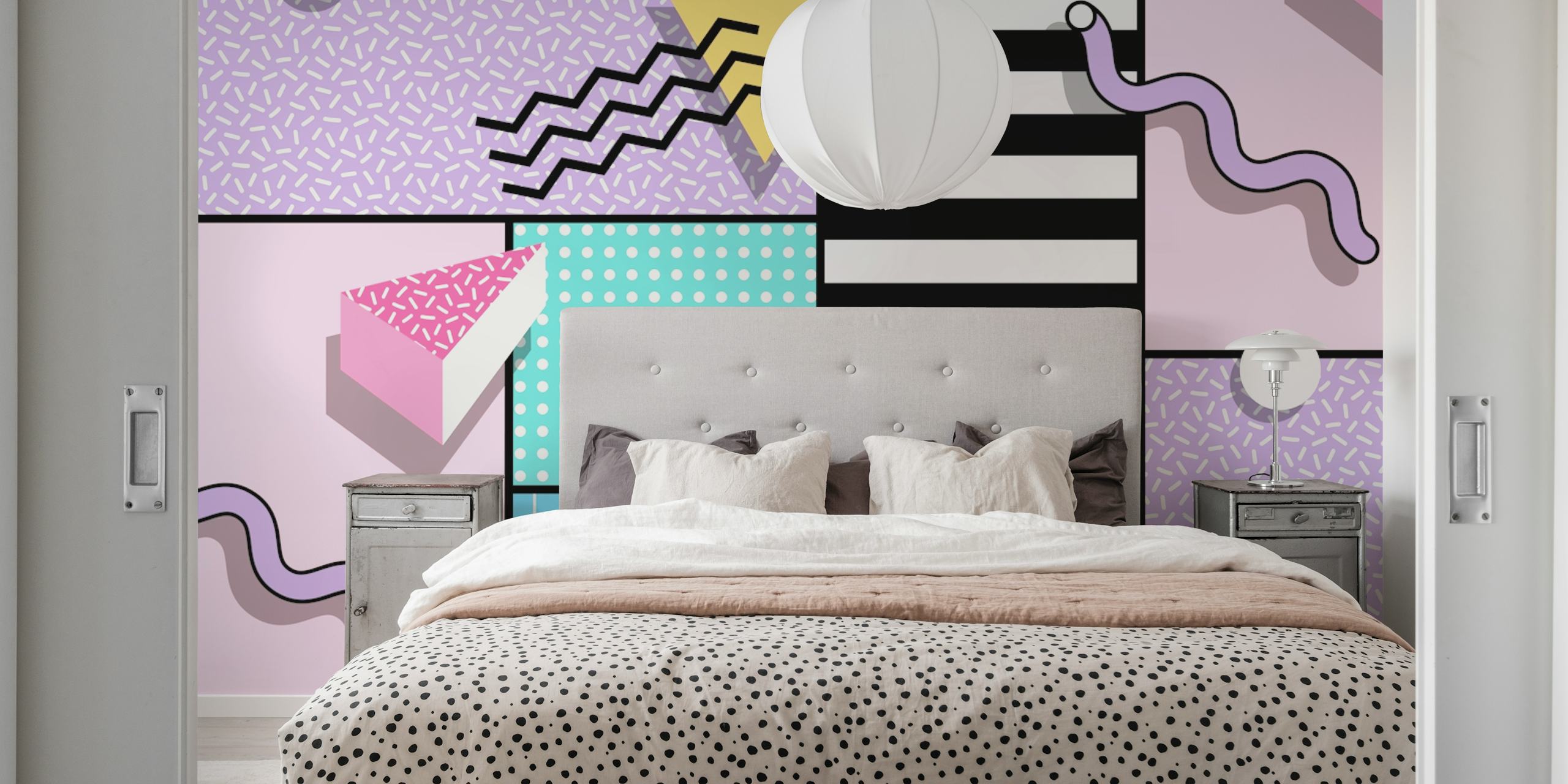Colorful geometric patterns with pink, yellow, black, and blue in a retro style wallpaper