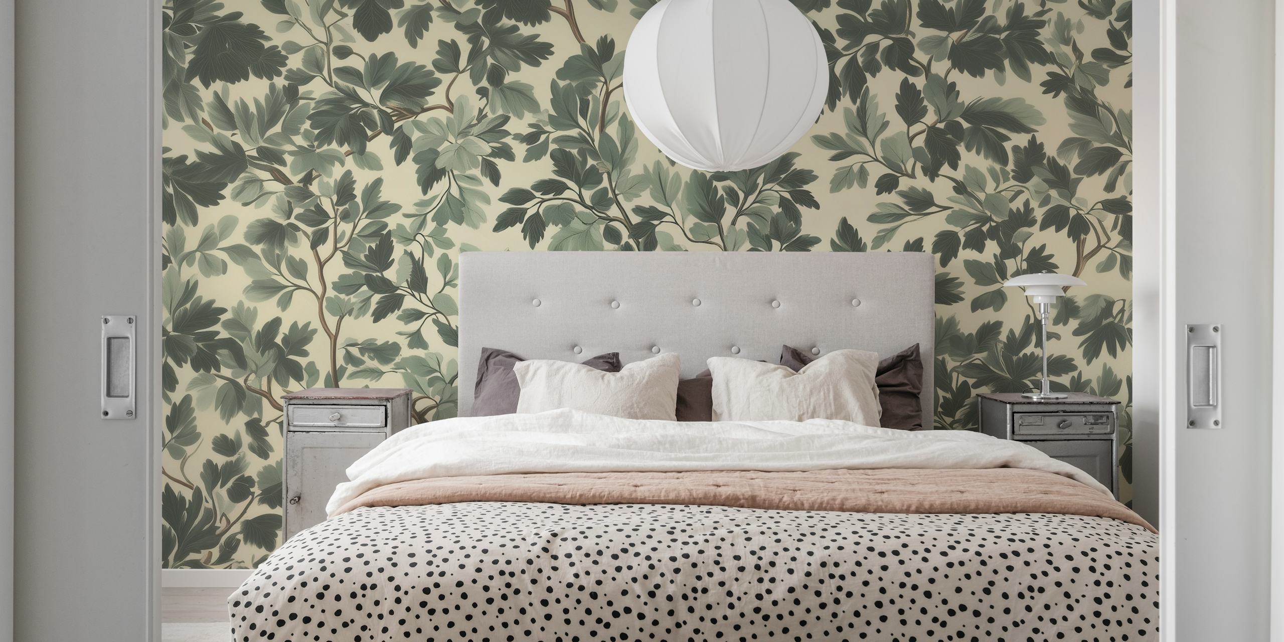 Botanical leafy pattern with dark green and soft gray hues wallpaper