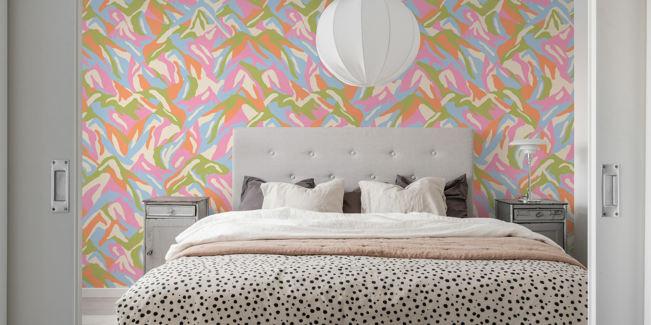 Colorful abstract mountain peaks in pastel pink, blue, and green wallpaper