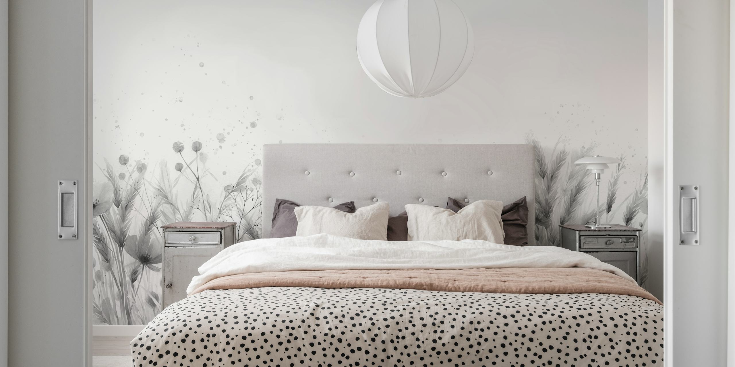 Black and white floral meadow with wildflowers, soft textures wallpaper