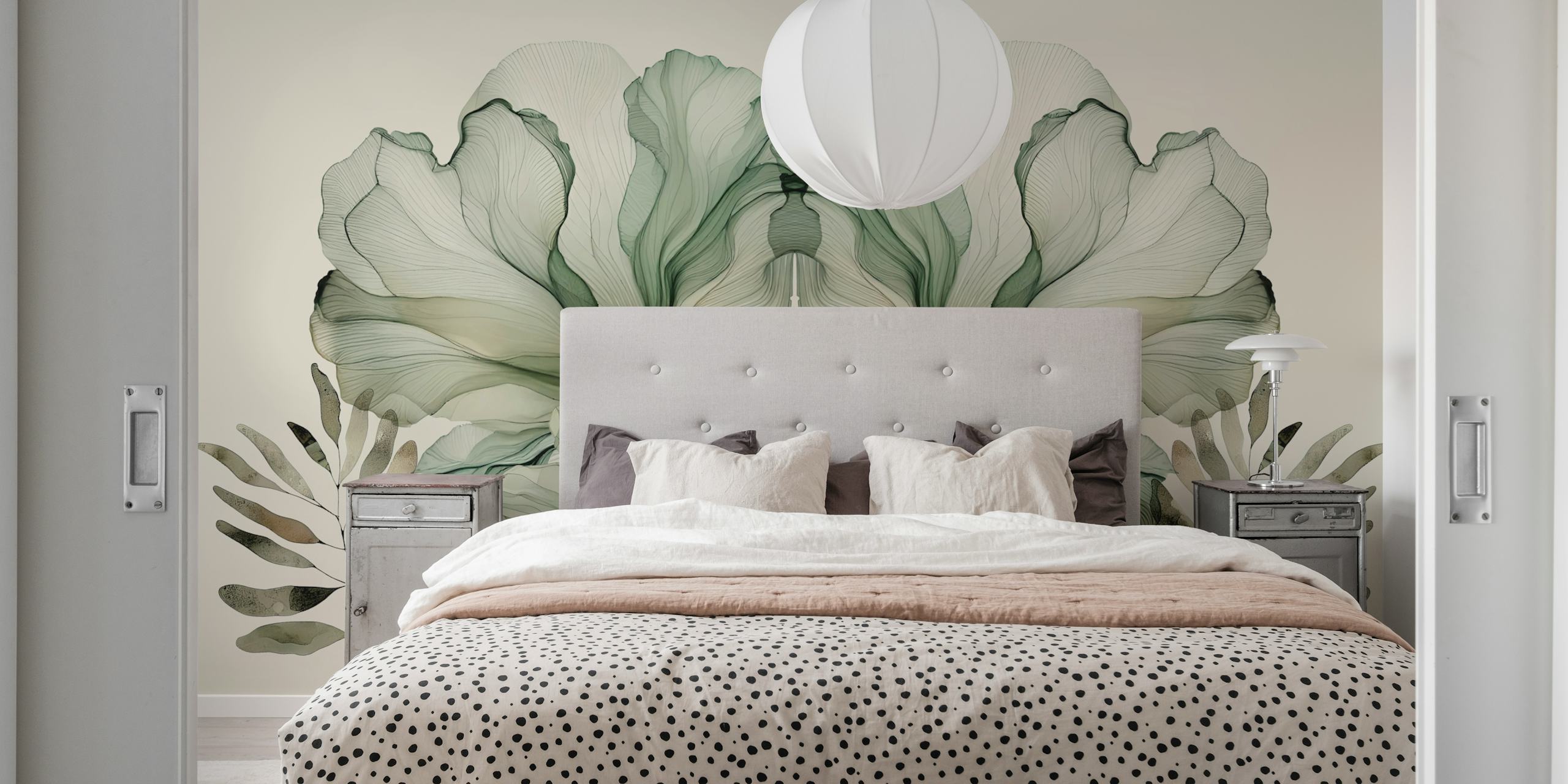 Groene bloemen en bladeren op een neutrale achtergrond wallpaper