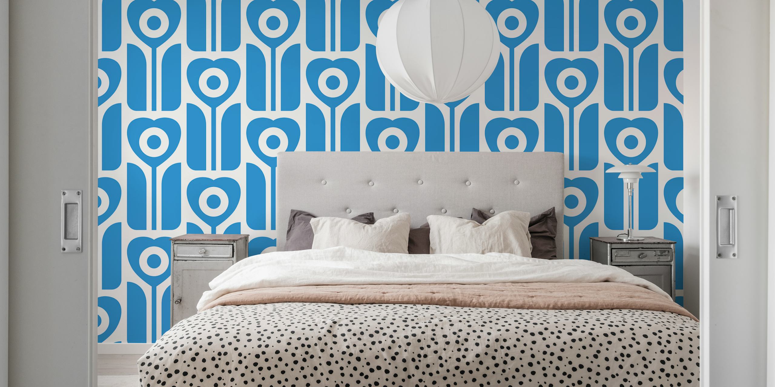 Retro geometric tulips wallpaper em um quarto