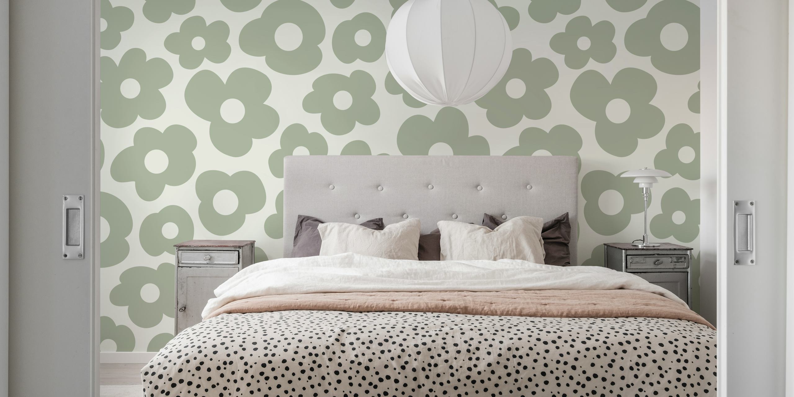 Light Sage Playful Blossoms wallpaper in a room